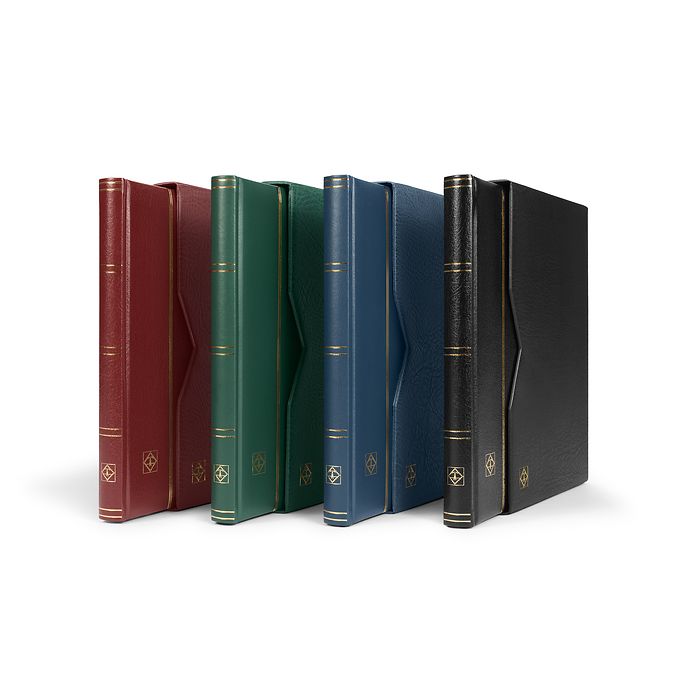 PREMIUM Stockbooks - padded leather cover, black pages, clear strips and interleaves